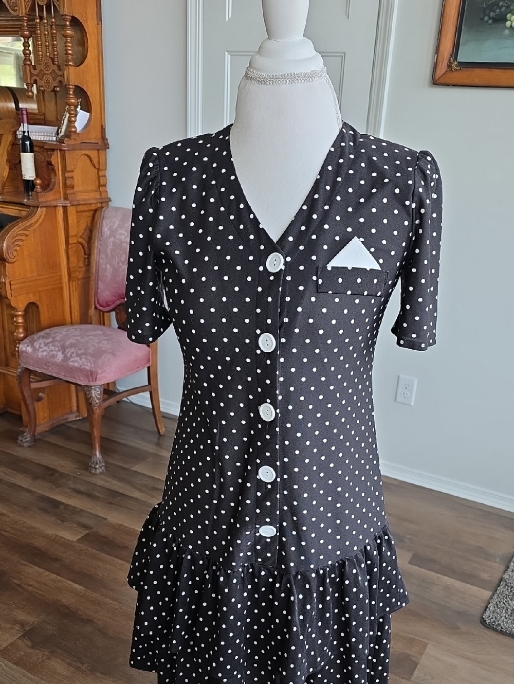 1980s Polka Dot Button-Front Black Dress with Pocket Accent